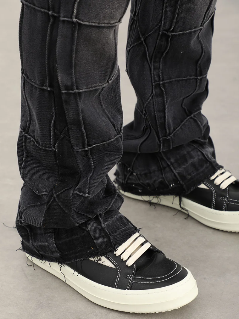 Hip Hip Denim Pants 2023 Mens Streetwear Plaid Ripped Denim Pants Harajuku Cotton Joggers Jeans Trousers Boot Cut Flare Pants