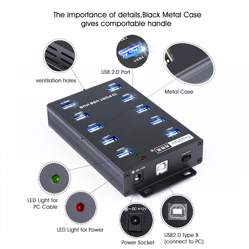 Фото USB-хаб Sipolar A-300 на 10 портов USB 2.0 для синхронизации данных с адаптером питания 12В 5А для мобильных телефонов и ПК №2