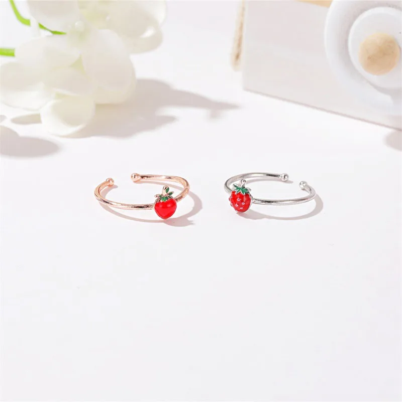 

Hot Selling Fresh Freshness Girl Strawberry Open Ring Sweet Mori Articulation Ring Simple Literary Student Tail Ring Accessories