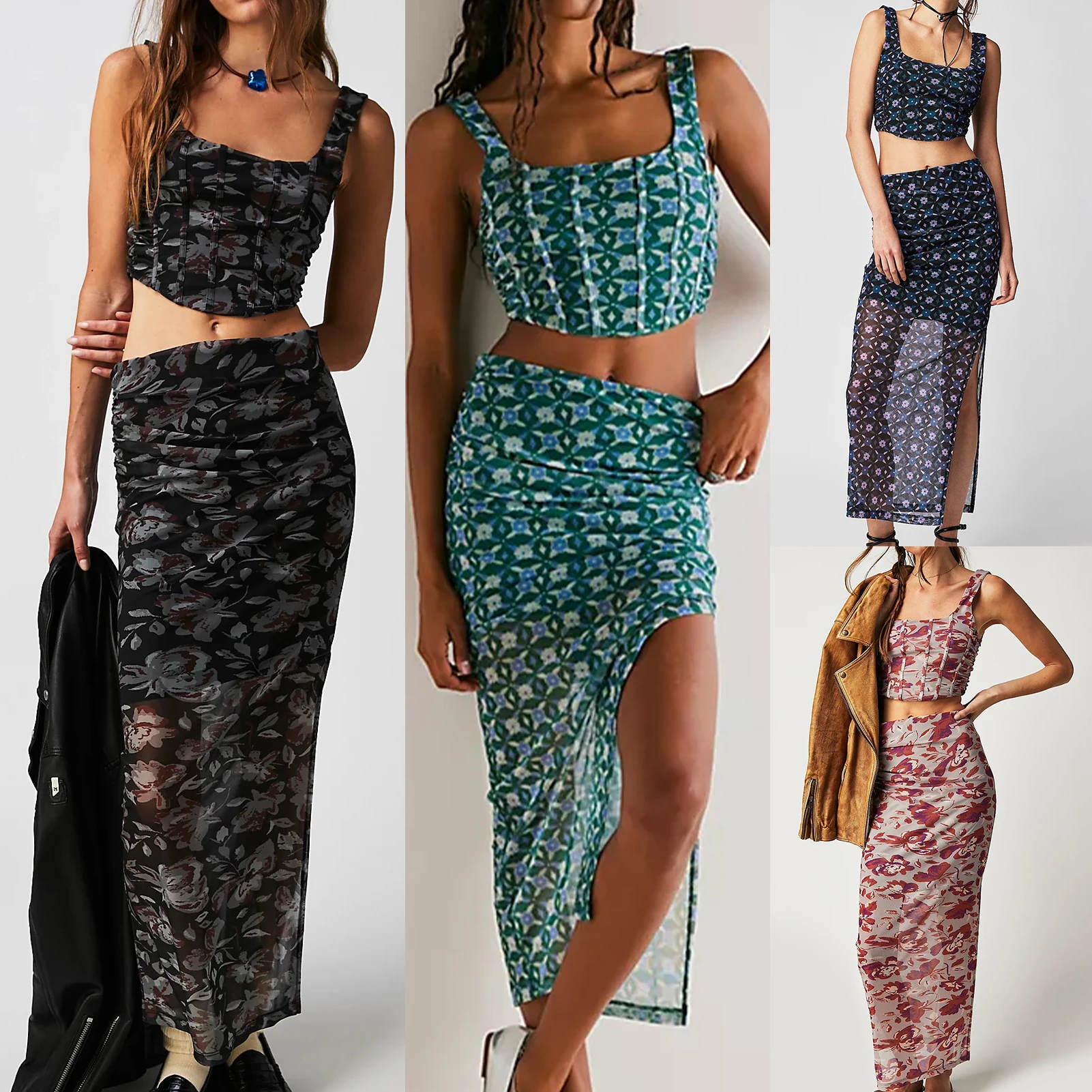 

Sleeveless Ladies Long Skirt Two Piece Set Square Neck Women Corset Top Maxi Skirt Navel Exposed Slim Fit Daily Oufifit 2023