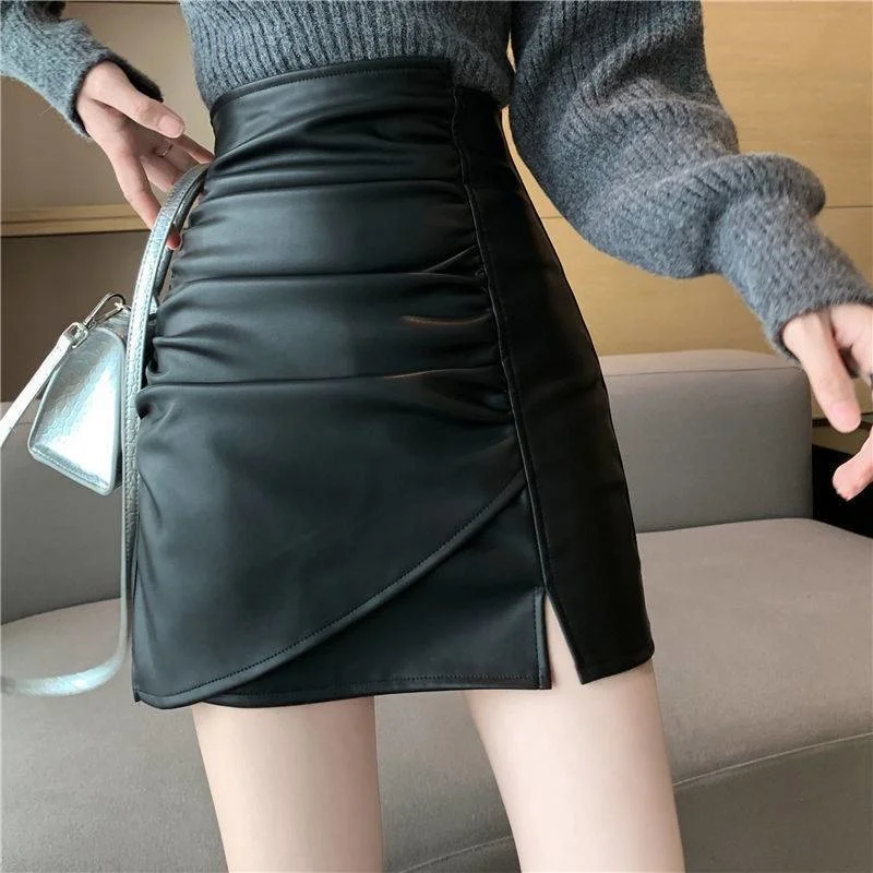 

2023 Autumn/winter New fold irregular fashion high waist thin slit word bag women dress skirt for girl short