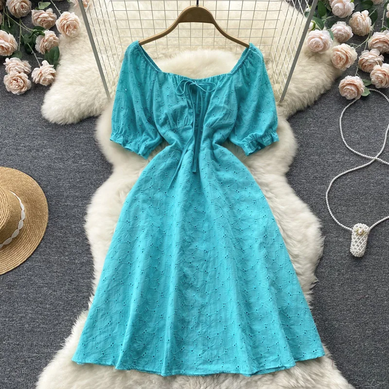 

Летнее женское платье с квадратным вырезом WEIHAOBANG, повседневное однотонное платье средней длины с коротким рукавом и высокой талией, облега...