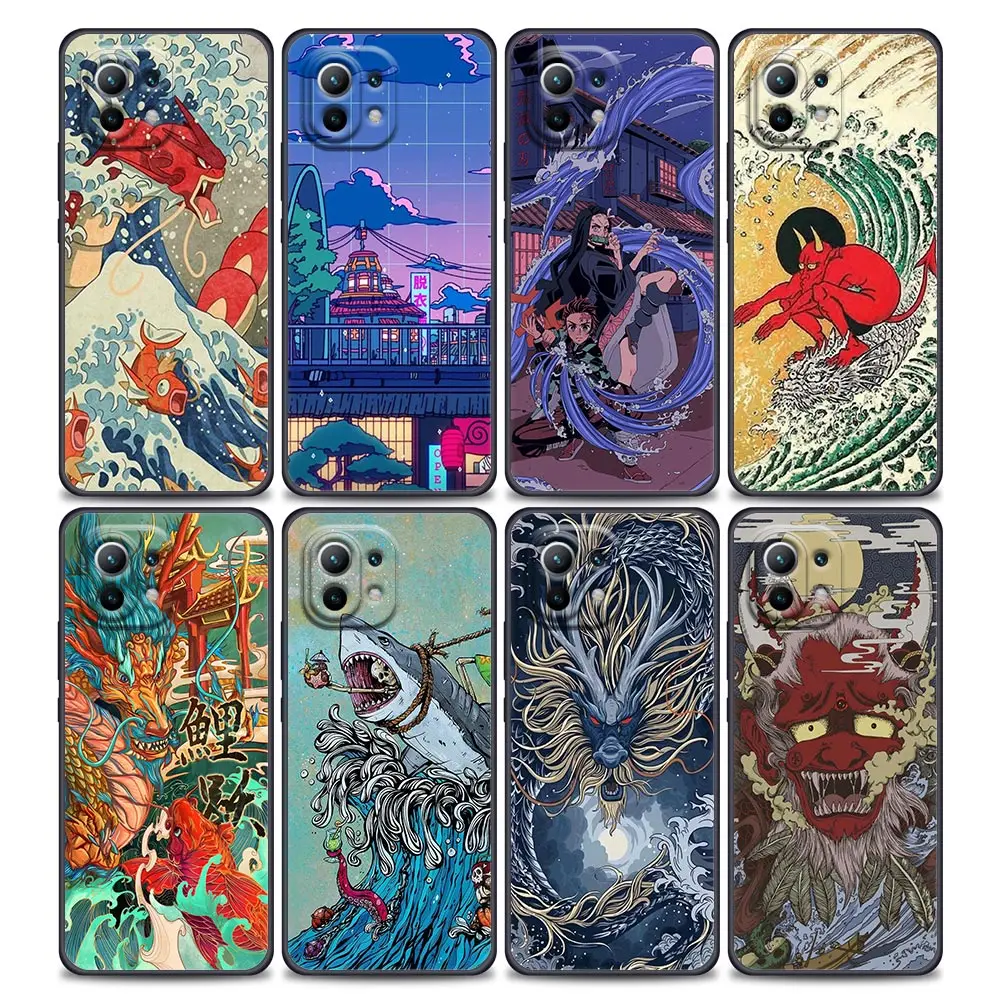 

Japanese wave Anime Dragon Case For Xiaomi Mi 11 Lite 5G NE 11i 11X 11T 12 Cover Poco X3 M3 M4 Pro F3 Cases Black Fundas Cover