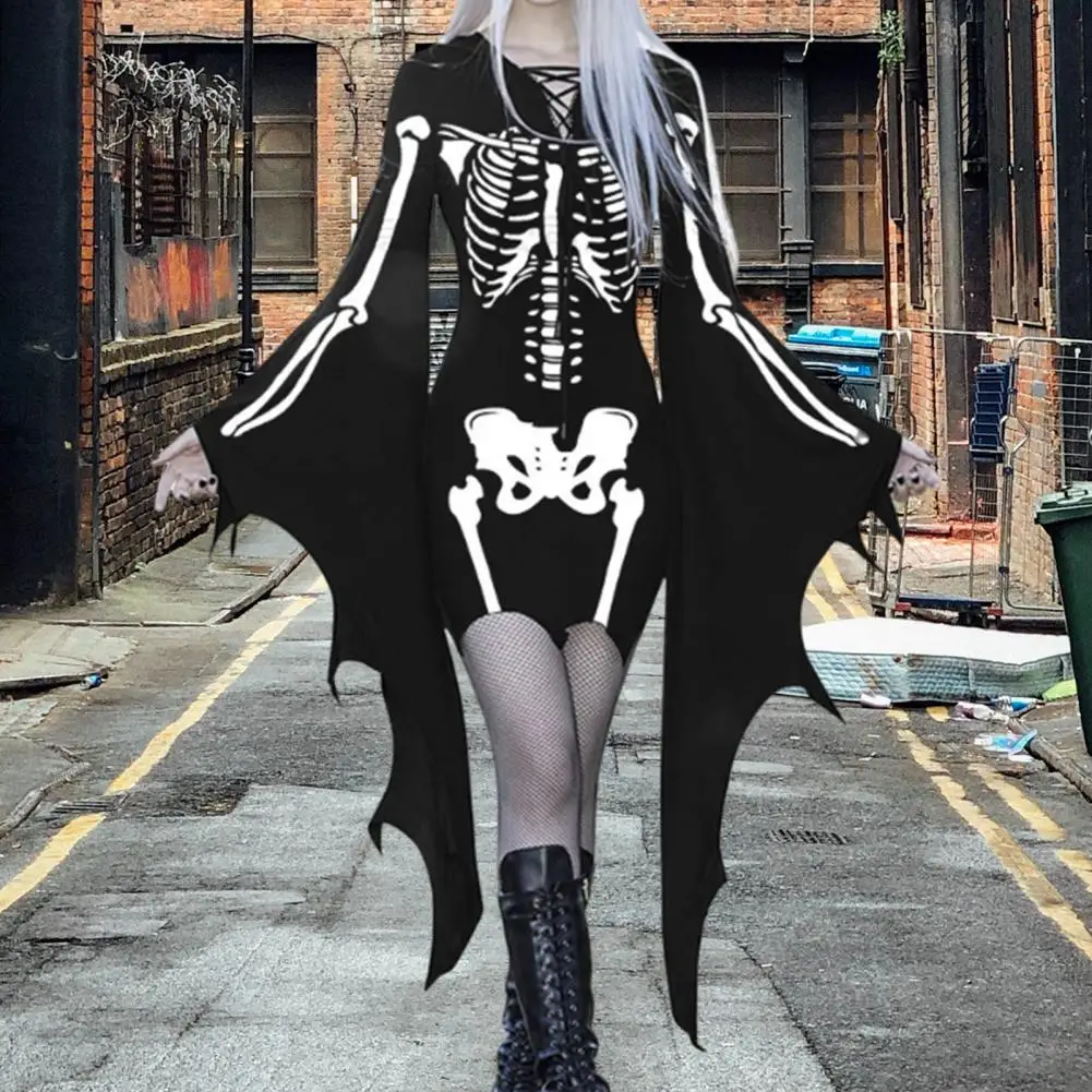 

Haunted Style Dress Halloween Party Cosplay Costume Long Batwing Sleeve Skeleton Print Dress with Irregular Cuff Lace-up Sheath