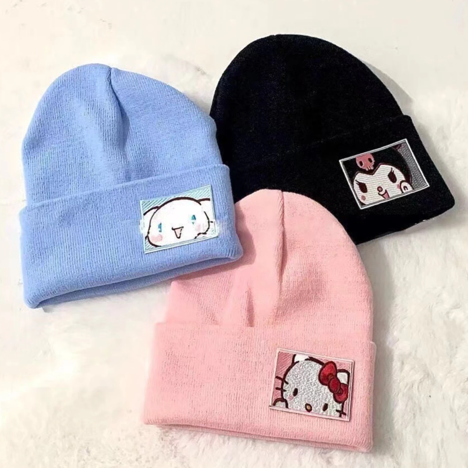 Вязаная шапка Sanrio милая вязаная с рисунком Hello Kitty Kuromi Cinnamoroll шапки в стиле хип-хоп