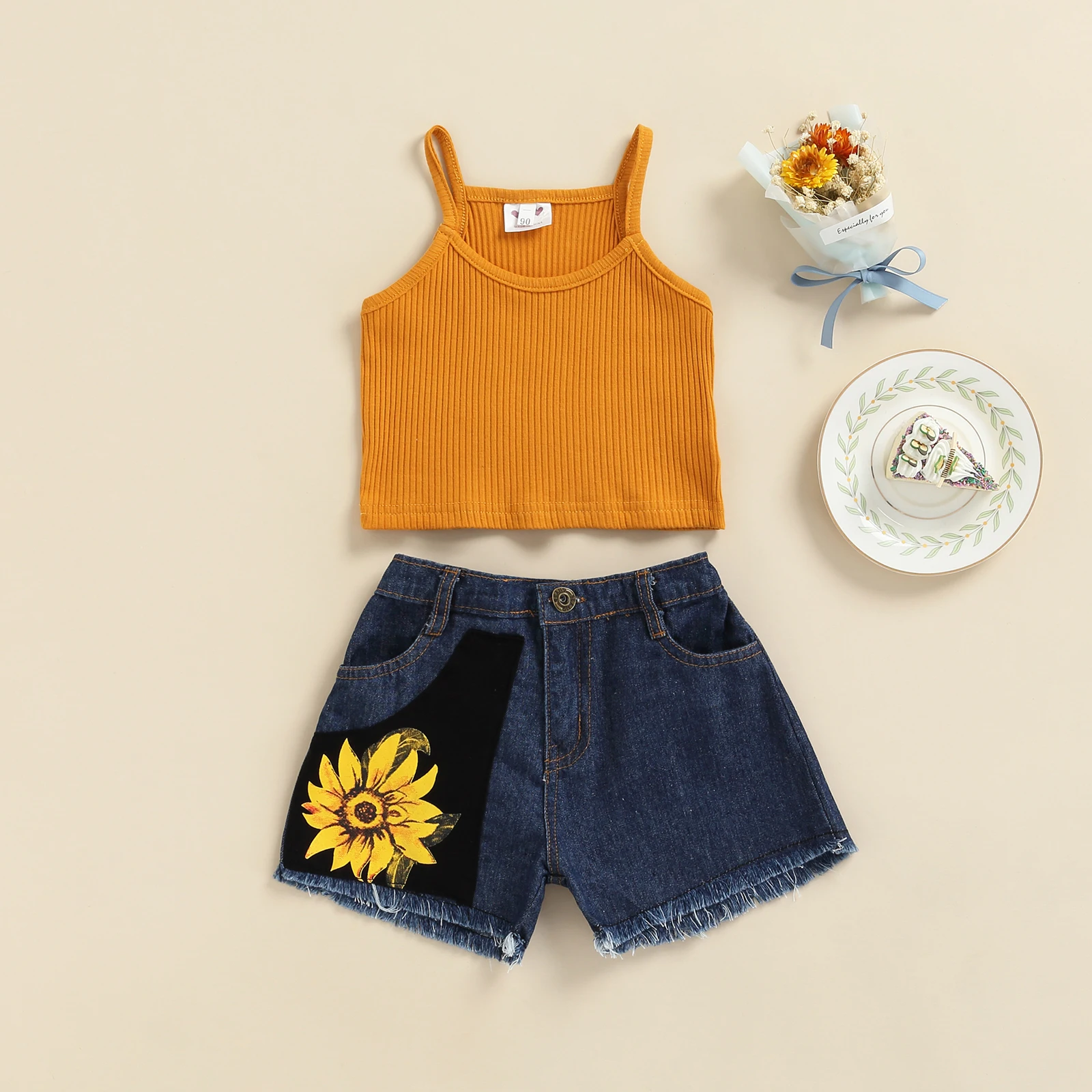 

Toddler Kids Baby Girl Short Set Sleeveless Sling Tank Tops + Sunflower Pattern Short Denim Pants Summer Clothes Set