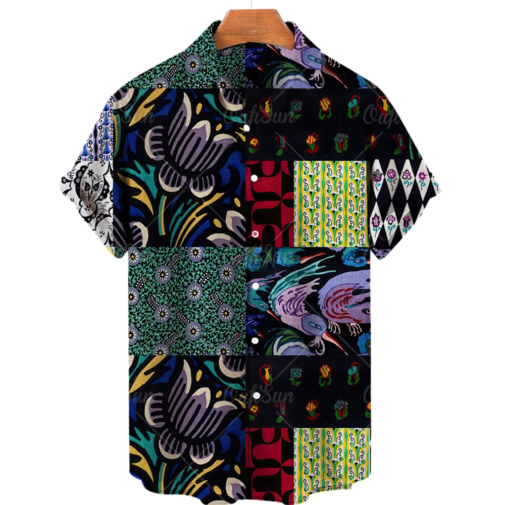 2022 Men's Hawaiian Shirt Ethnic Pattern Patchwork Top Casual One Button Short Sleeve Versatile Printed Large Size Shirt