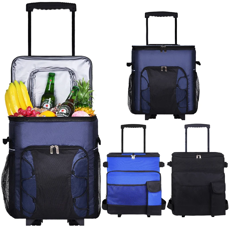 With Wheels 43l Collapsible Rolling Cooler Insulated Roller Cooler Portable Leak Proof Cooler Bag For Camping Picnic Bbq