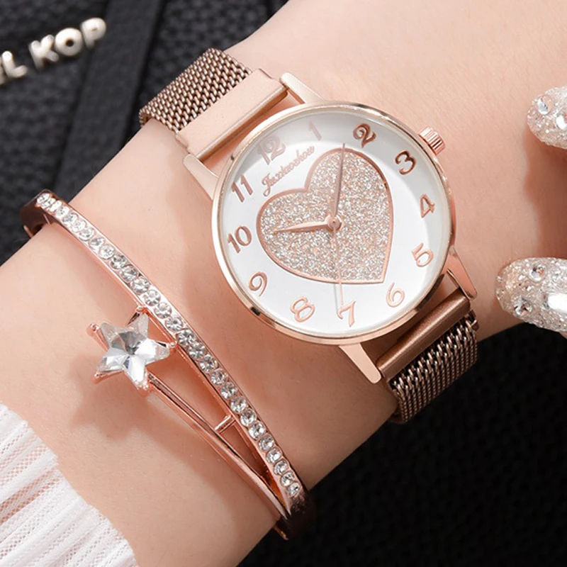 

2 set Luxe Merk Vrouwen Horloges Liefde Magneet Horloge Gesp Mode Casual Vrouwelijke Horloge Romeinse Cijfer Eenvoudige Armband