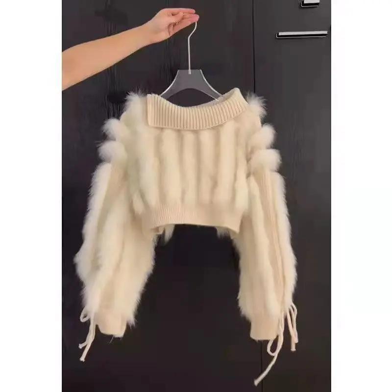 

Fur & Faux Fur Thick Winter Sweaters Off Shoulder Bandage Cropped Sweater Women Elegant Retro Fashion Korean Clothes Knit Tops