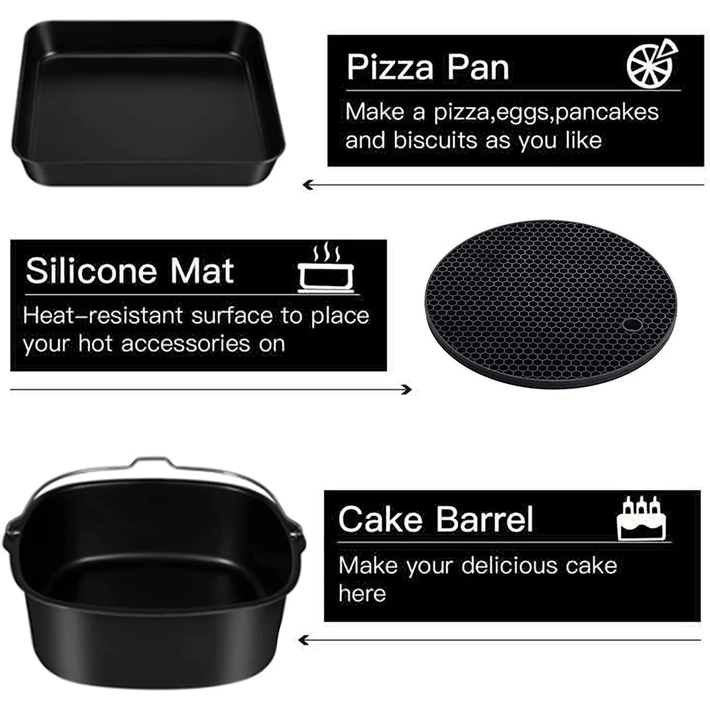 

Air Fryer Accessories for COSORI and Other Square AirFryers, 5.5L with 8 Inch Cake Barrel, Pizza Pan, Skewer Rack