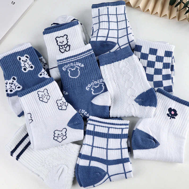 

Kawaii Harajuku style Socks cartoon creative striped plaid bear socks Cute Blue funny girls socks Cotton Mid tube woman socks