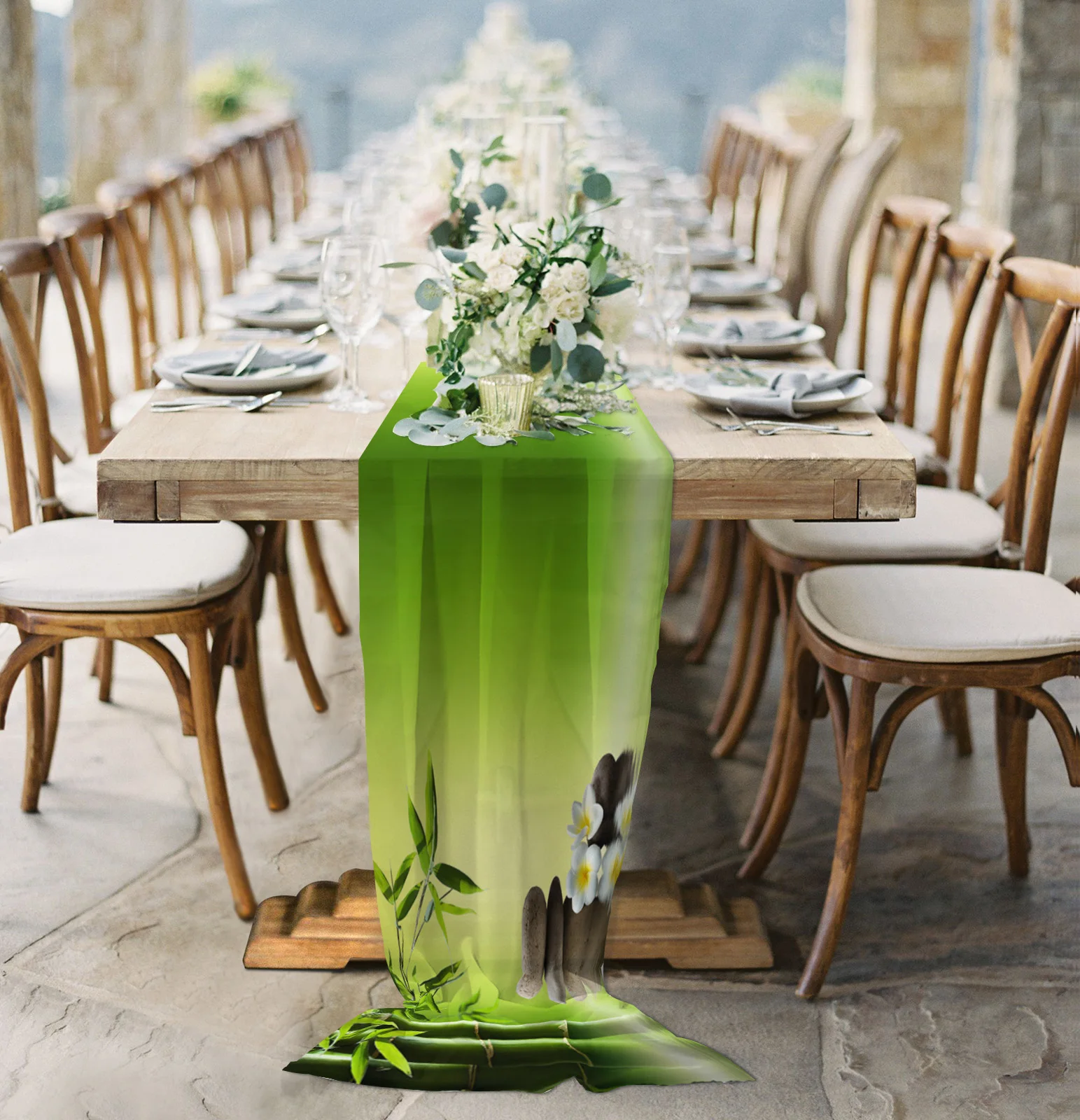 

Bamboo Leaves Stone Plumeria Sheer Chiffon Table Runner Wedding Party Birthday Luxury Voile Tablecloth Home Decoration