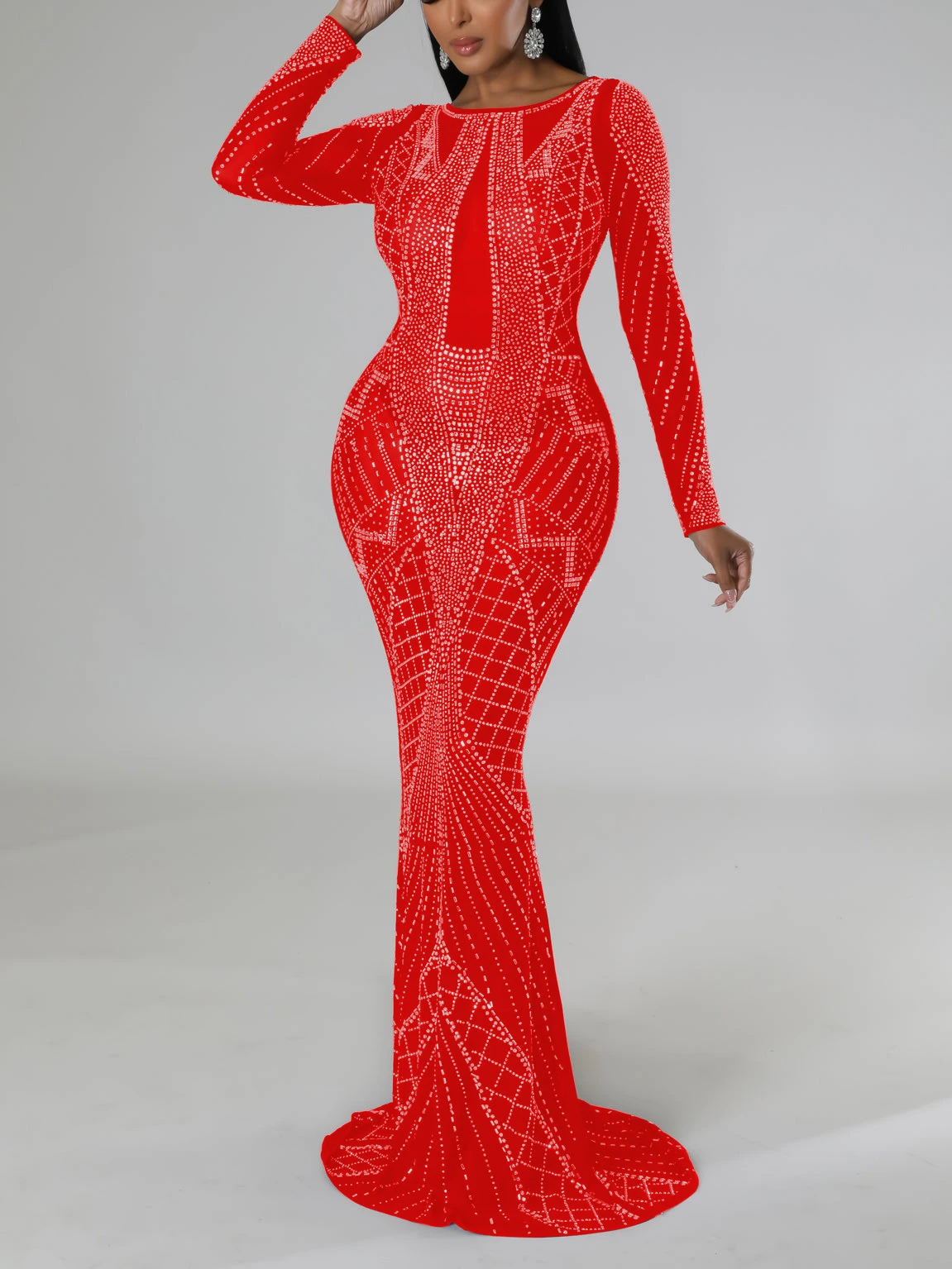 Модное облегающее платье макси со стразами и открытой спиной плиссированные