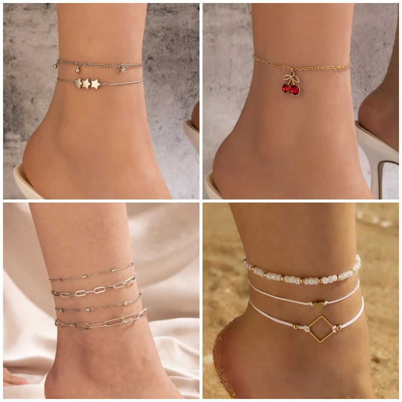 Разнообразные Многослойные ножные браслеты VIVILADY из сплава в виде ракушек, звезд вишни, кисточек, ювелирные изделия для женщин, модные простые пляжные подарки для вечерние, оптовая продажа