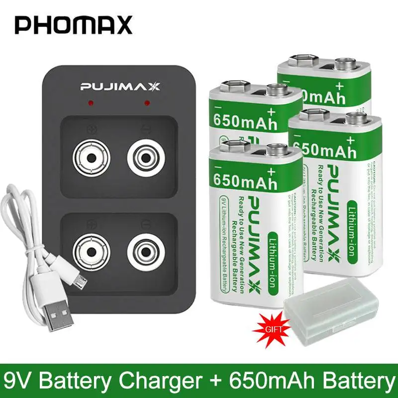 

PHOMAX 9V Smart Battery Charger with 650mAh 9V Rechargeable Li-ion Battery Set for Alarm Multimeter Fast Charging and Durable