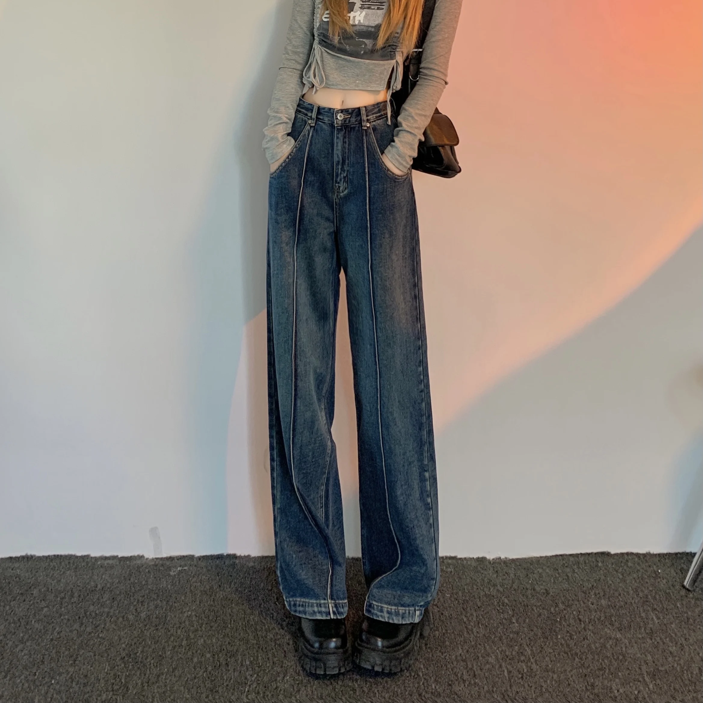 

High Waist Jeans Women's 2022 Spring Autumn Loose Drape Wide-leg Straight Trousers Spring Retro High Street Blue Mopping Pants