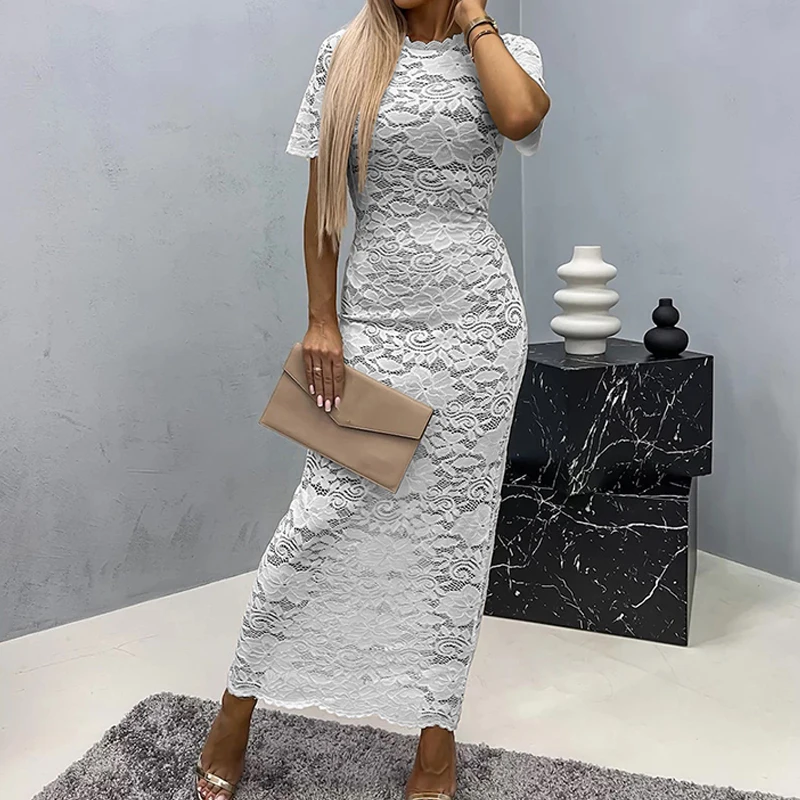 

Женское однотонное облегающее платье с круглым вырезом, Элегантное Длинное Платье с цветочной вышивкой и коротким рукавом, модное жаккардовое яркое платье