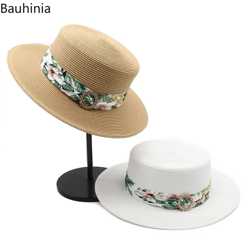 

Bauhinia 2022 Summer Spring Ribbon Sun Hats For Women Flat Brim UV Protection Vacation Straw Hats Panama Beach Hat