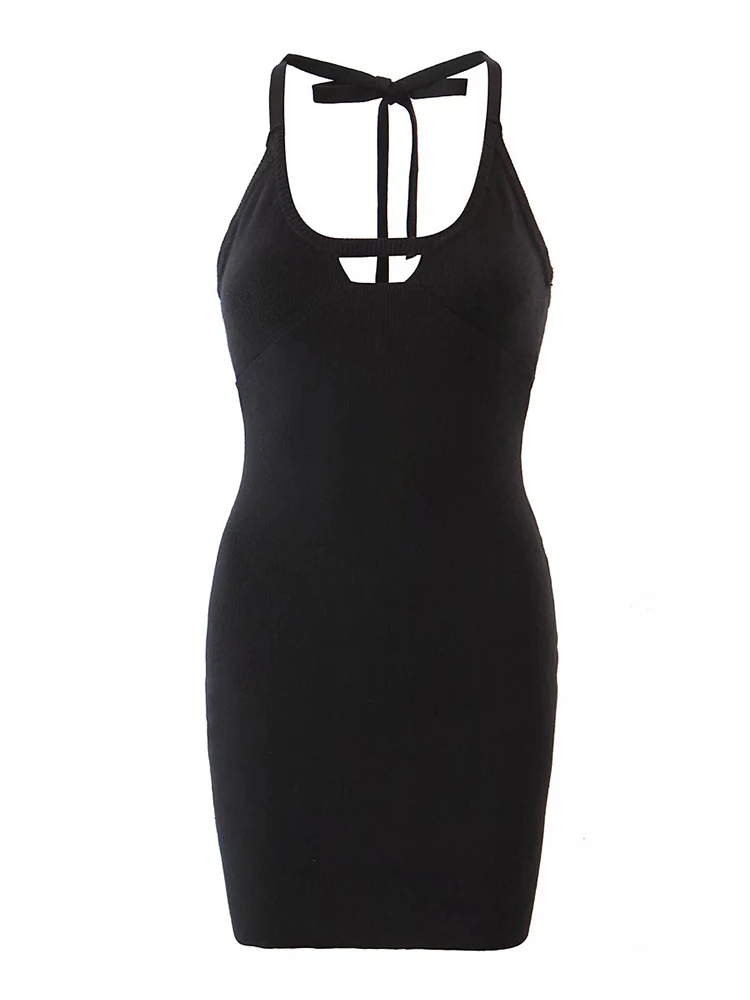 

2022 Women Fashion Backless Halter Knit Pencil Mini Dress Vintage Black Ladies Sexy Robe