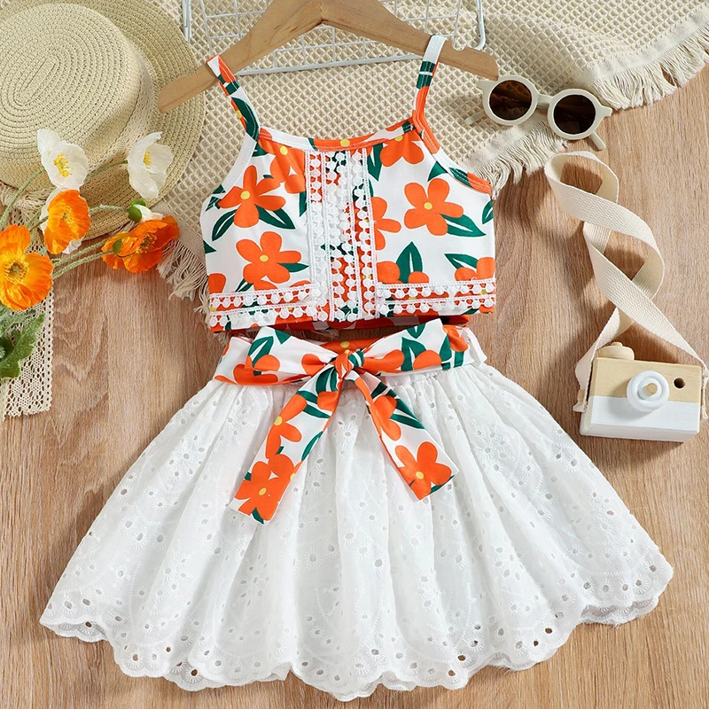

Summer Toddler Baby Girl Clothes Suit Sleeveless Printed Top+Hollow Cotton Solid Skirt 0-4Yrs Baby Girls Clothing Set