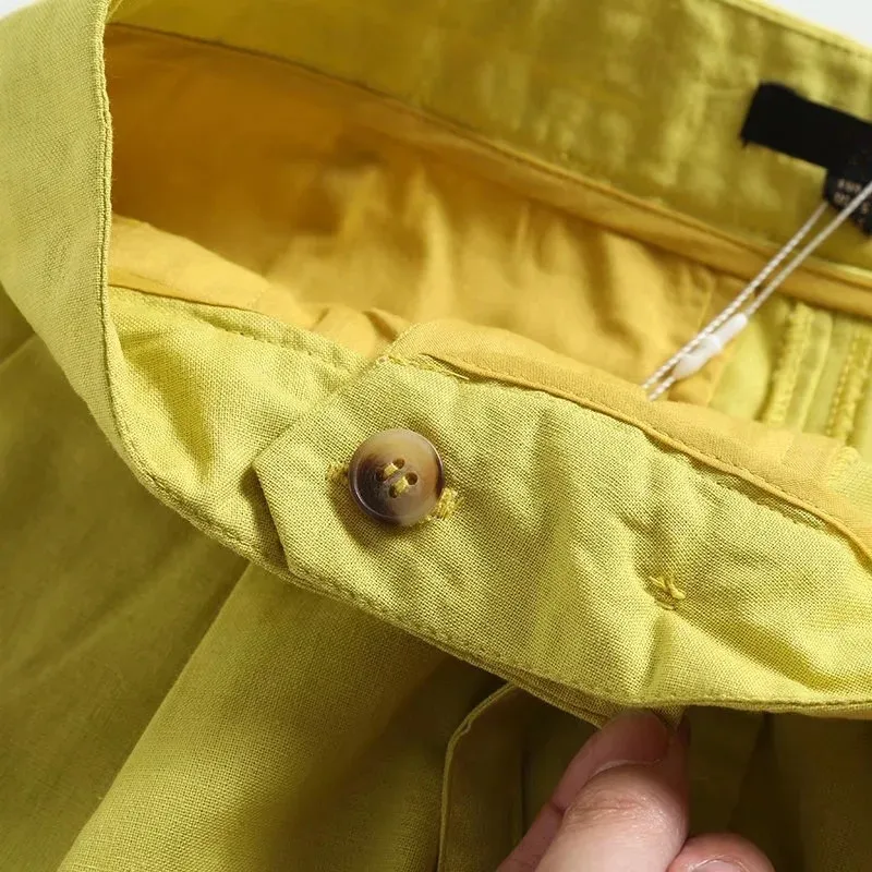 Elmsk Fashion Casual Shorts Sashes Pleated Medium England Style Wasit Loose Bermuda Linen Cotton Shorts Women