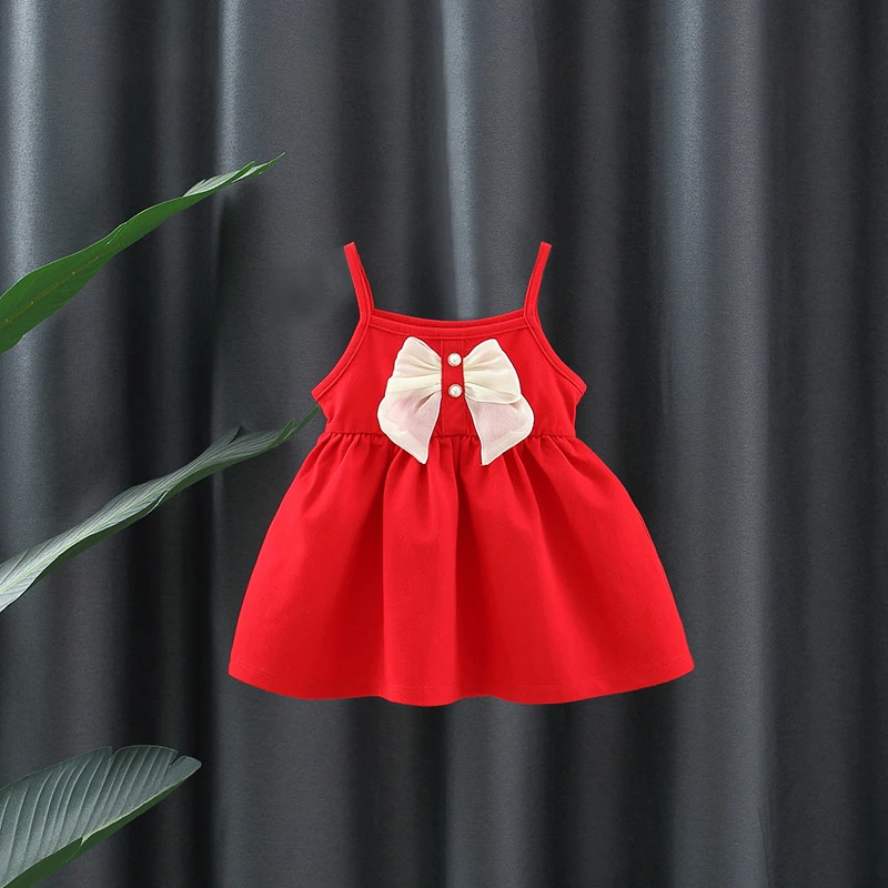 

Платье принцессы для маленьких девочек, красное платье без рукавов на бретелях-спагетти с жемчужным бантом для малышей, пляжная одежда, лет...