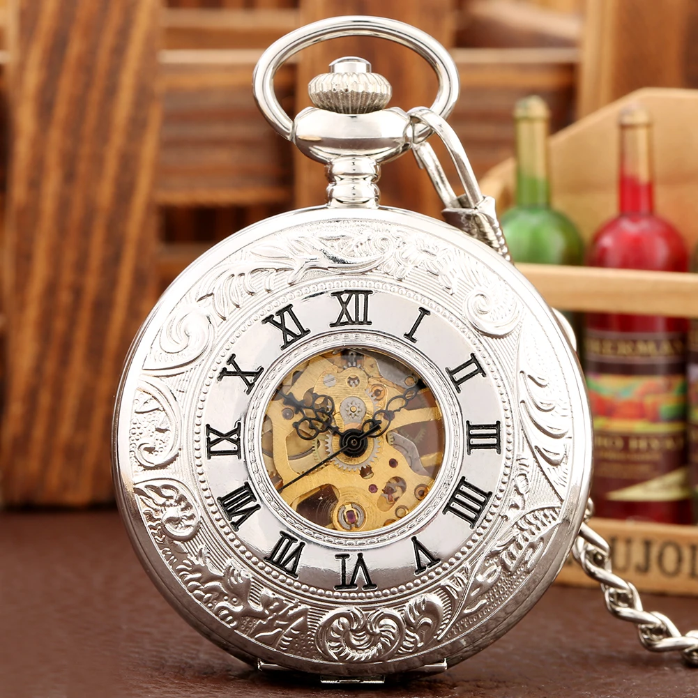 Silver Manual Mechanical Pocket Watch Fob Chain Roman Numerals Carved Display Classic Vintage Hand Winding Pocket Clock