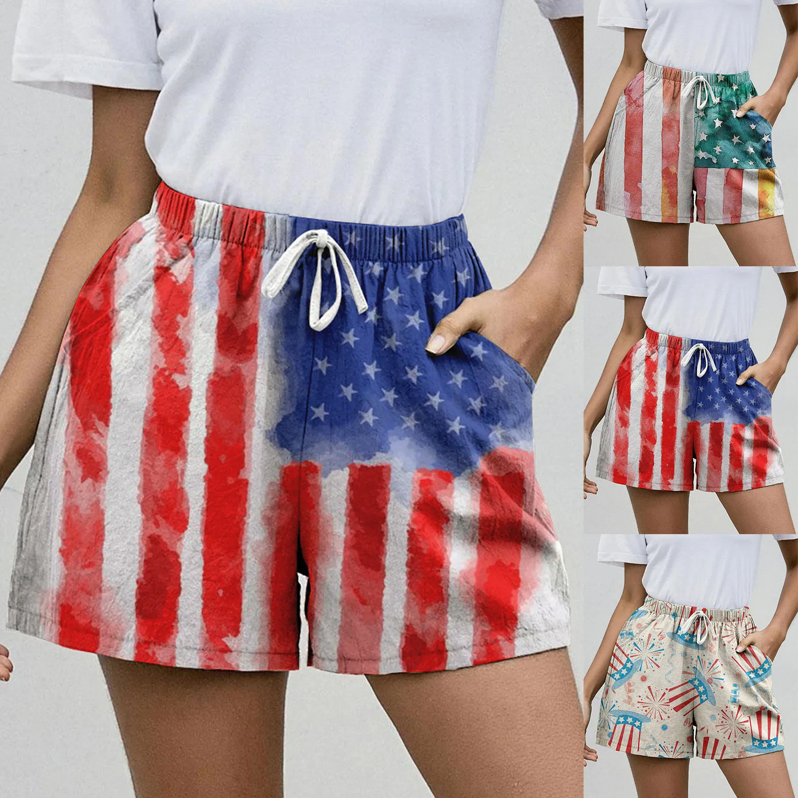 

Shorts Women High Waist Set Independence Day Women American Flag Patterns Casual Drawstring Shorts for under Dresses Women