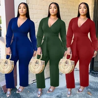 womens sexy jumpsuit homewear spring and autumn womens casual pants solid color v neck belt jumpsuit women