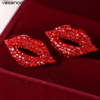 1 pair sexy women red lip rhinestone earrings for women girls big brand classic luxurious elegant