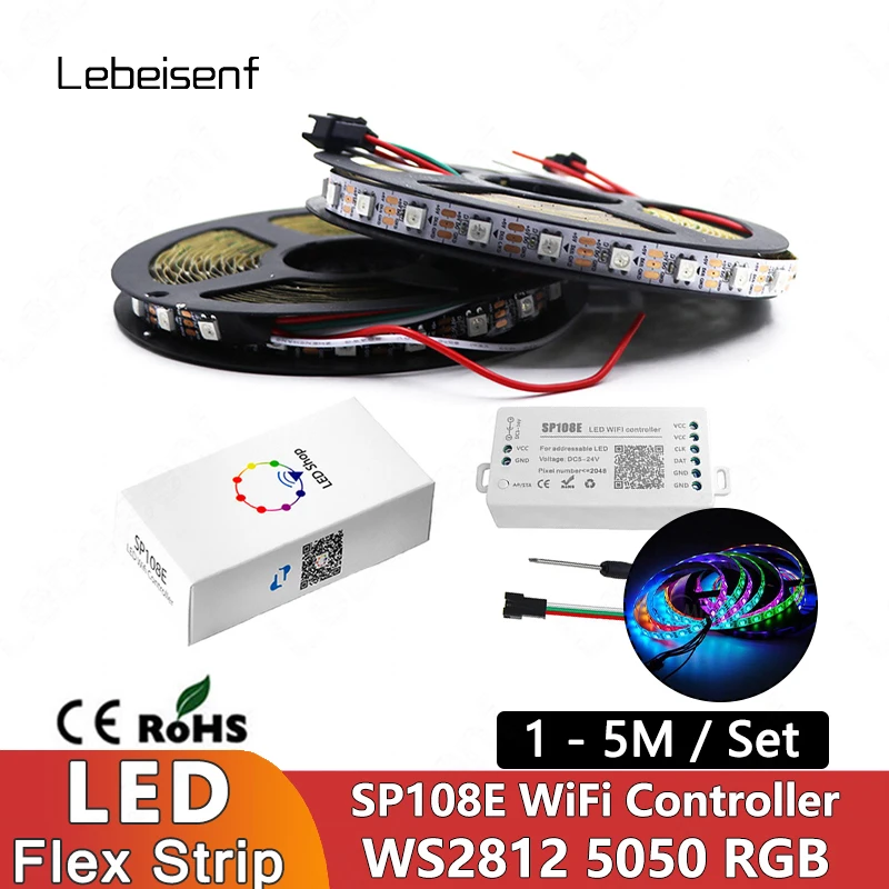 

Kit Full Color RGB WS2812B LED Flexible Pixel Light Strip 30/60/144 LEDs/m DC5V 1m 2m 3m 4m & SP108E WiFi TTL Signal Controller