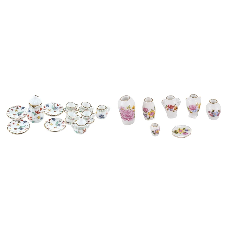 

2 Set Dollhosue Miniature Accessories: 1 Set Dinnerware Porcelain Tea Set & 1 Set Ceramic China Porcelain Rose Vase