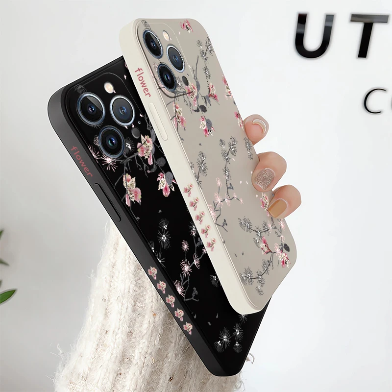 Красивый розовый чехол с падающими цветами для iPhone 16 15 14 13 Plus Pro Max