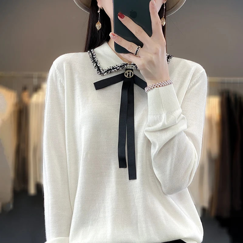 Новинка Осень-зима кашемировый свитер женский пуловер с воротником-поло длинным