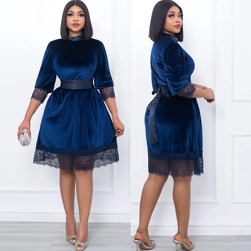 

Autumn and Winter 2022 New Large Women's Golden Velvet Lace Commuter Dress