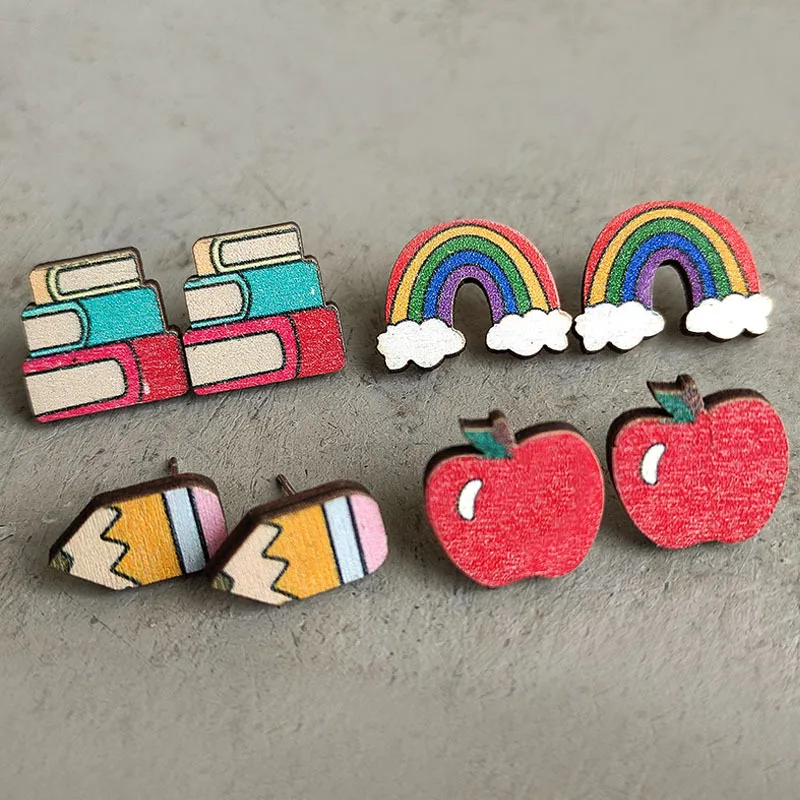2022 Wholesale Hot Selling Apple Pencil Book Rainbow Stud Earrings School Supplies Wood Earrings Teacher Gifts