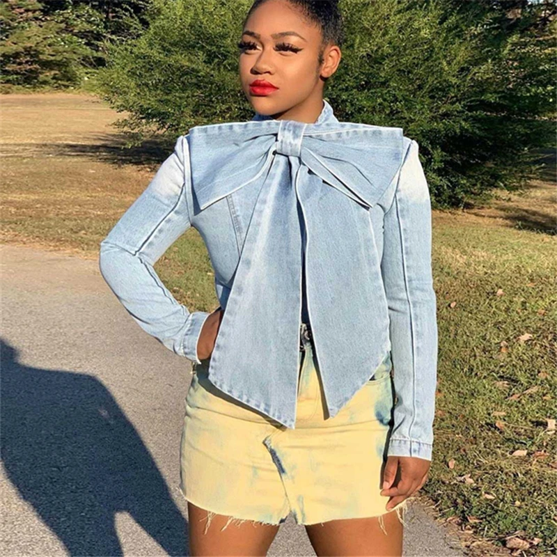 

Новинка 2023, однотонная универсальная женская джинсовая рубашка, Повседневная Облегающая рубашка с бантом, джинсовый топ с длинным рукавом