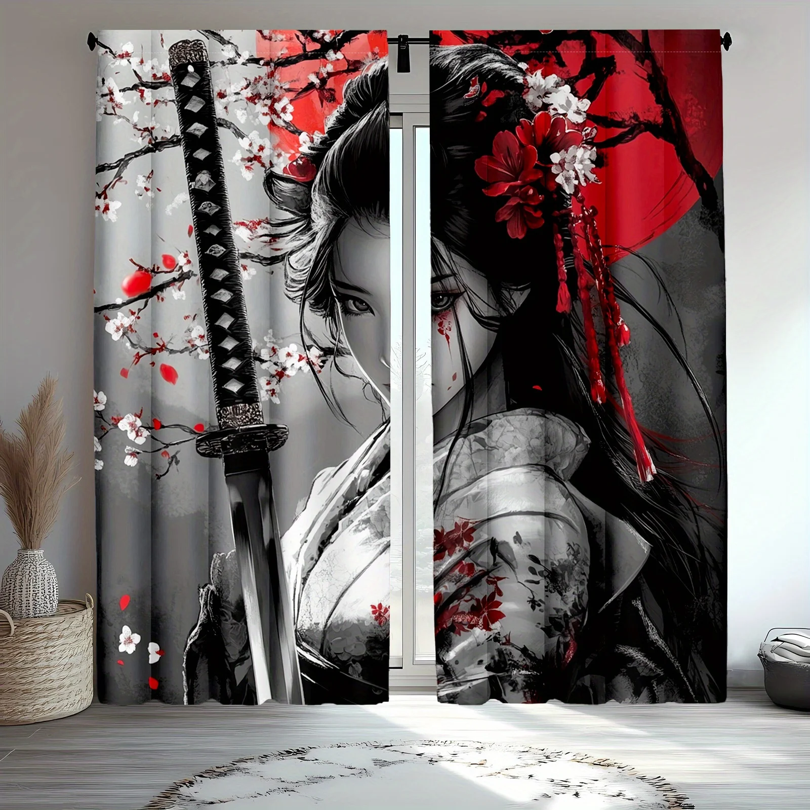 

Шторы для девочек-самураев, вишневый цвет, художественные оконные шторы, японский дизайн, домашний декор, аниме, тема для гостиной