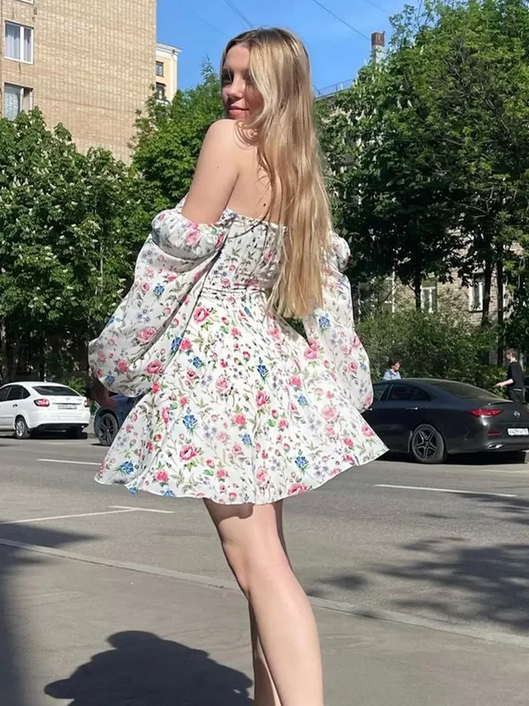 

Floral Dress Women Lantern Long Sleeve Ruched Print A Line Square Neck Tie up Mini Vestidos Sexy Chic Summer Beach Dress