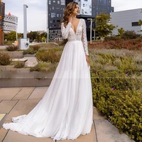 queen charming chiffon a line bridal dress 2022 sexy v neck applique lace long sleeve backless wedding gowns with sweep train