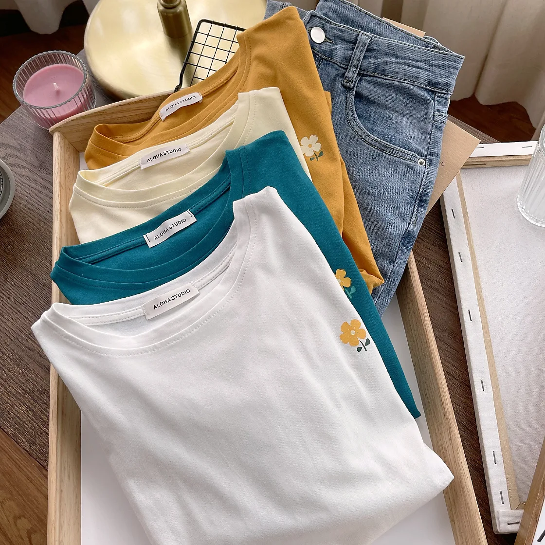 

Женская свободная футболка Zohoha, пуловер из 100% хлопка с цветочным принтом и коротким рукавом, с круглым вырезом, весна-лето 2022