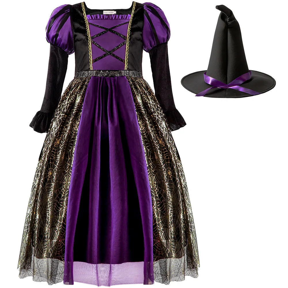 

Halloween Cosplay Witch Party Dress Girls Gothic Ghost Costumes Props Kids Gown Robe Tutu Dress Witch Hat Purim Carnival Party