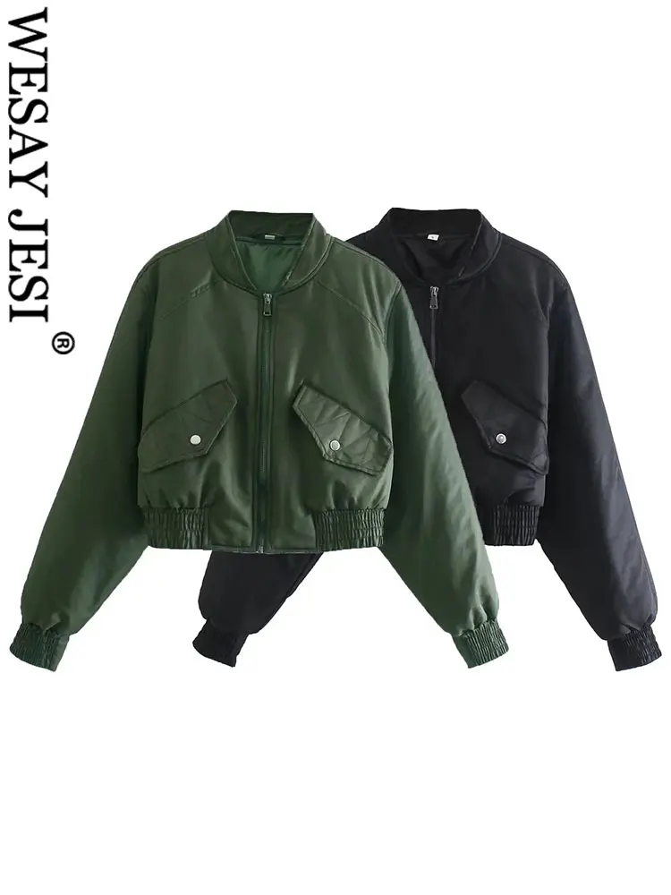 

WESAY JESI Women's Cropped Bomber Jacket Stand Collar Zipper Long Sleeve Loose Solid Cotton Coat Autumn Female Casual Outerwear