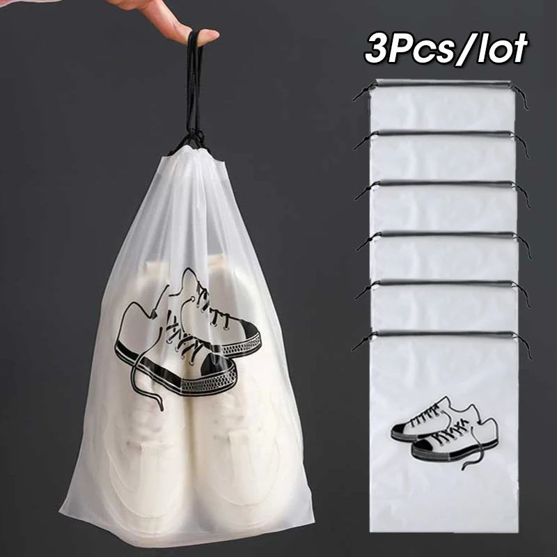 

3Pcs Shoes Bags Plastic Storage Tote Bags with Drawstring Reusable Frosted Pouch Transparent Waterproof Travel Shoes Organizers