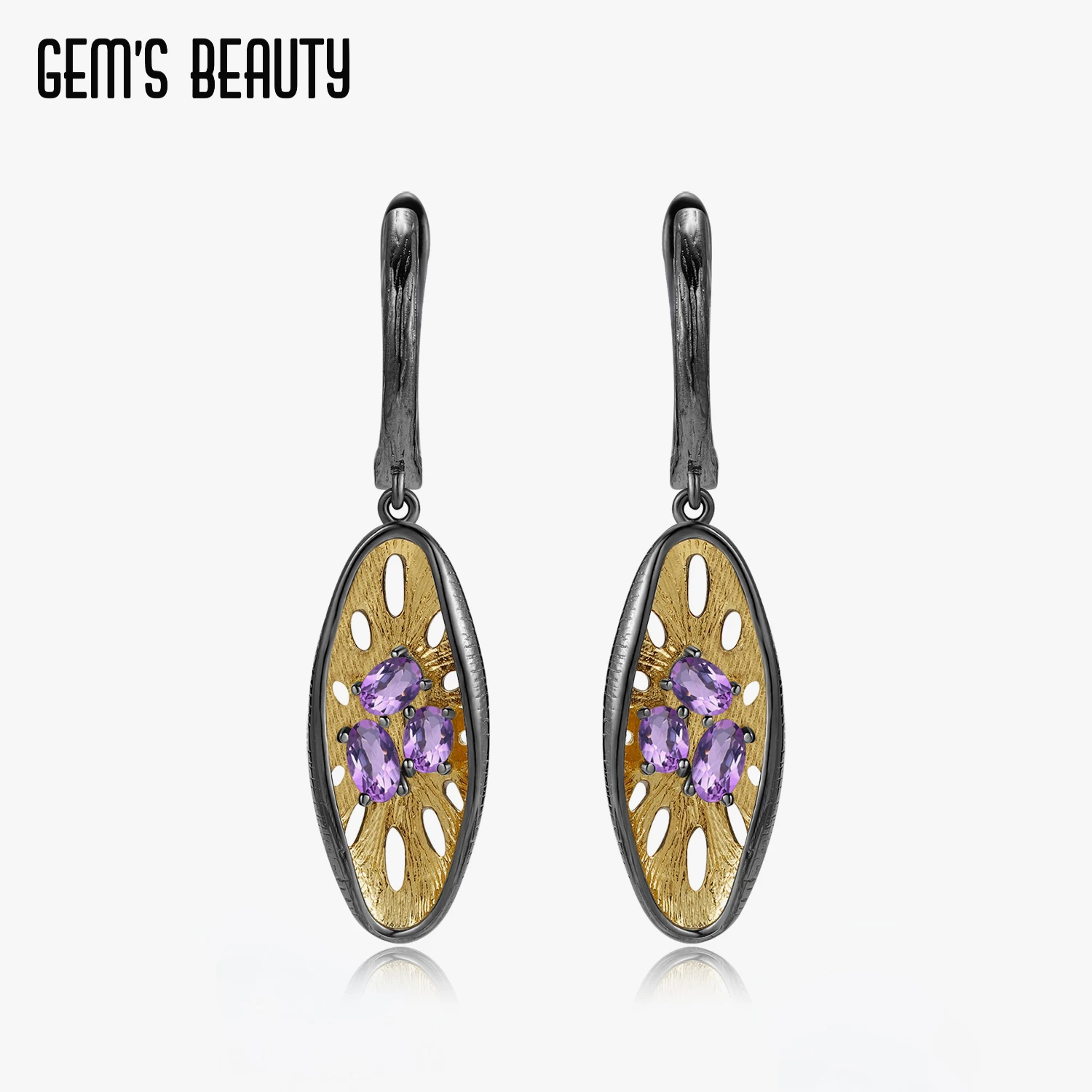 GEMS BEAUTY 925 Серебряные серьги с наполнением золотом 18K для женщин Уникальные трехкаменные с натуральным аметистом Круглый Hive on.