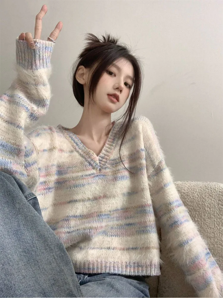 

Женский свитер в радужную полоску, свободный винтажный пуловер контрастных цветов в стиле гранж, Y2k, осень 2023