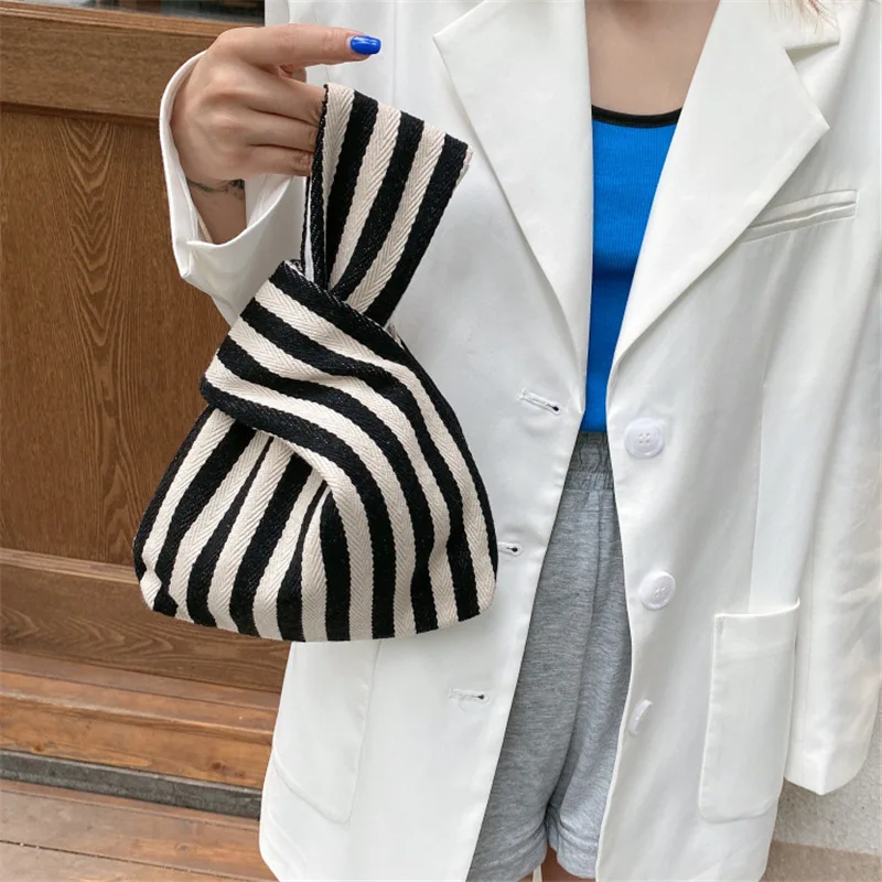

Portable Knot Wrist Bags for Women Chic Stripe Bags Simple Purses Tote Canvas Storage Cosmetic Bags Ladies Phone Key Coin Bags