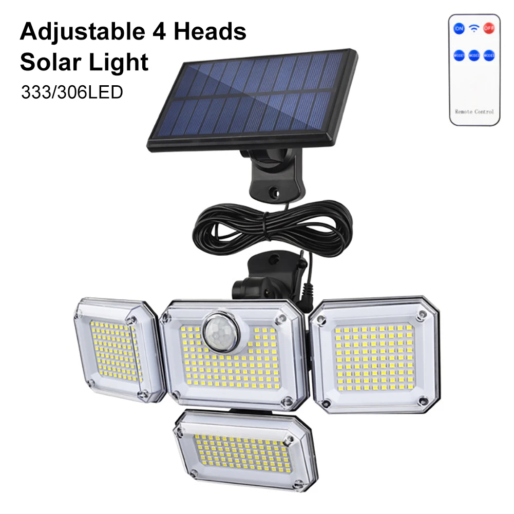 

333LED Adjustable 4 Heads Solar Lights Outdoor 3 Modes Solar Lamp Motion Sensor Waterproof Spot Flood Lights Garden Garage Light