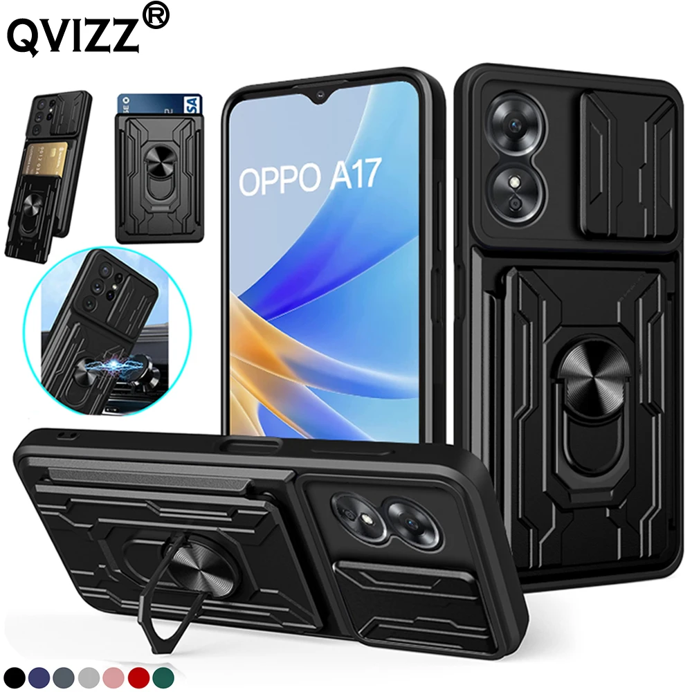 

Slide Camera Case for Oppo A17 CPH2477 Card Slot Pocket Car Magnetic Ring Holder Armor Shockproof Soft Edges Phone Cover OppoA17